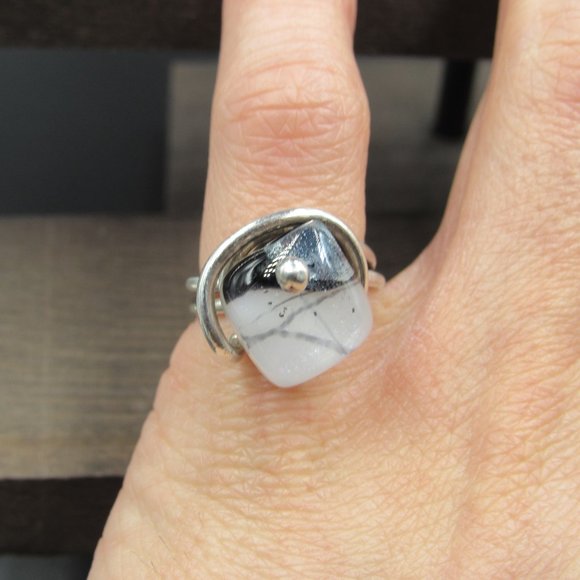 Size 5.5 Sterling Silver Handmade Wire Wrapped Glass Band Ring Vintage - Picture 4 of 9